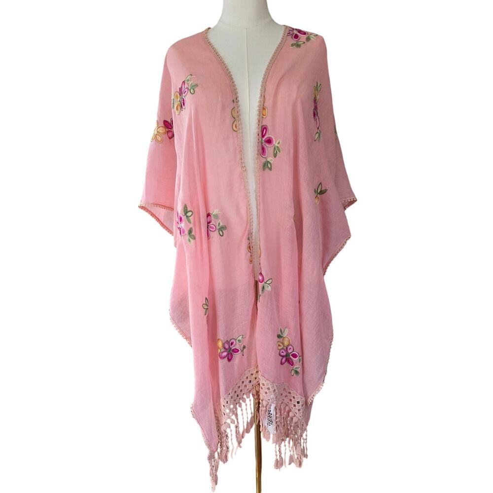 NWT Woven Heart Pink Embroidered Kimono Lace Tassel Fringe Plus Size 1X-5X Boho